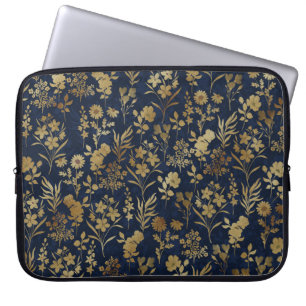 Capa Para Notebook Padrão Azul das Flores Douradas Botânicas