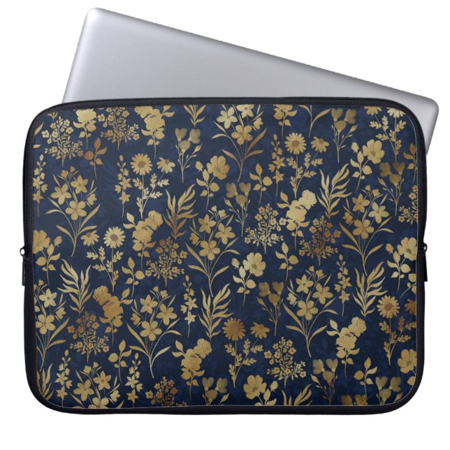 Capa Para Notebook Padrão Azul das Flores Douradas Botânicas (Frente)