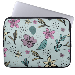 Capa Para Notebook Padrão Azul Ilustrado de Flores e Folhas Fofas