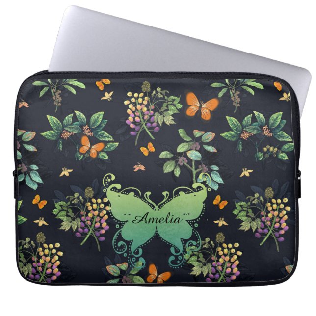 Capa Para Notebook Padrão bonito de borboleta Floral Escura (Frente)