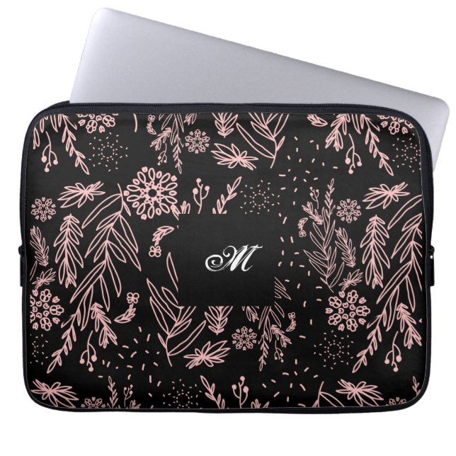 Capa Para Notebook Padrão Botânico preto Rosa Dourado monograma (Frente)