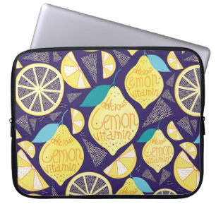 Capa Para Notebook Padrão brilhante de limões e cascas em azul escu