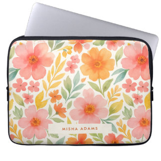 Capa Para Notebook Padrão Brilhante Rosa Laranja Floral Aquarela