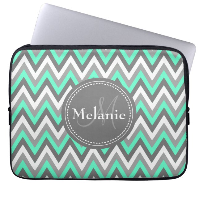 Capa Para Notebook Padrão Chevron Azul e Cinza Monograma (Frente)