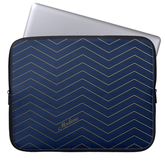 Capa Para Notebook Padrão Chevron Dourado do Marinho Elegante com nom (Frente)