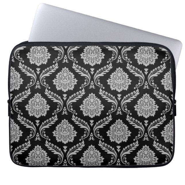 Capa Para Notebook Padrão Damasco Rococó Cinza no Preto (Frente)