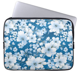 Capa Para Notebook padrão das flores brancas, fundo azul,