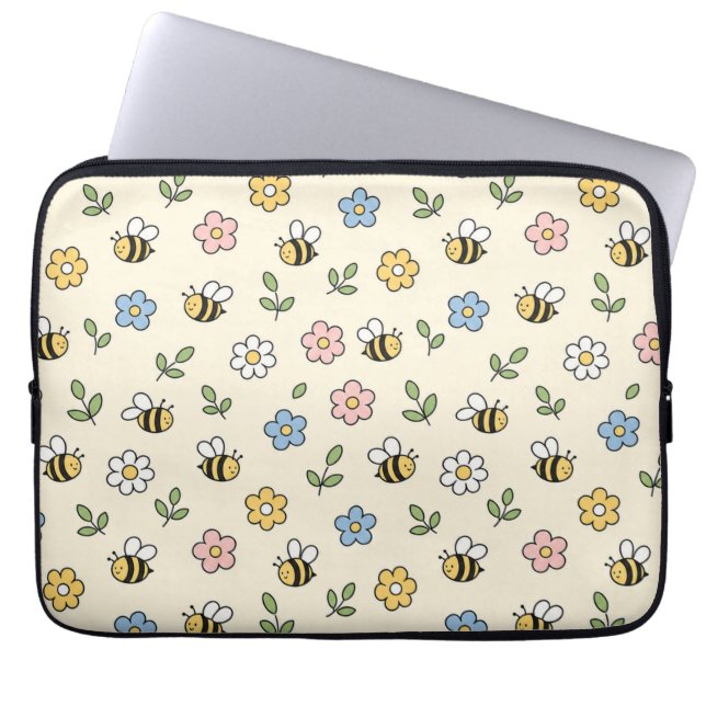 Capa Para Notebook Padrão de Abelha e Flores de Desenho Animado (Frente)