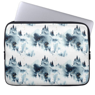 Capa Para Notebook Padrão de Aquarela da Floresta Azul da Meia-Noite