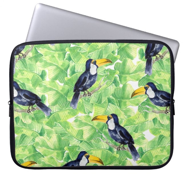 Capa Para Notebook Padrão de aquarelas sem costura com tucano em verd (Frente)