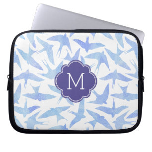 Capa Para Notebook Padrão de Aves de Cores Azuis Monogramadas