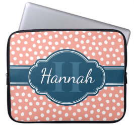 Capa Para Notebook Padrão de Bolinhas Brancas Rosa Monograma Azul-Mar