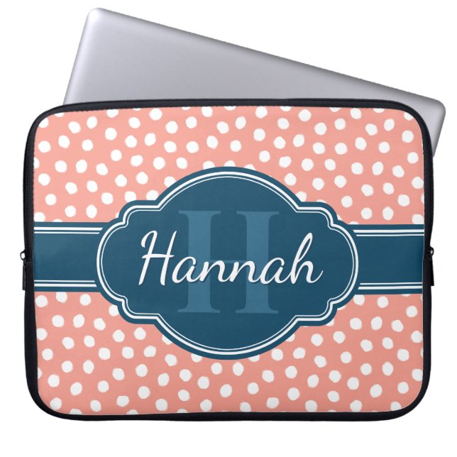 Capa Para Notebook Padrão de Bolinhas Brancas Rosa Monograma Azul-Mar (Frente)