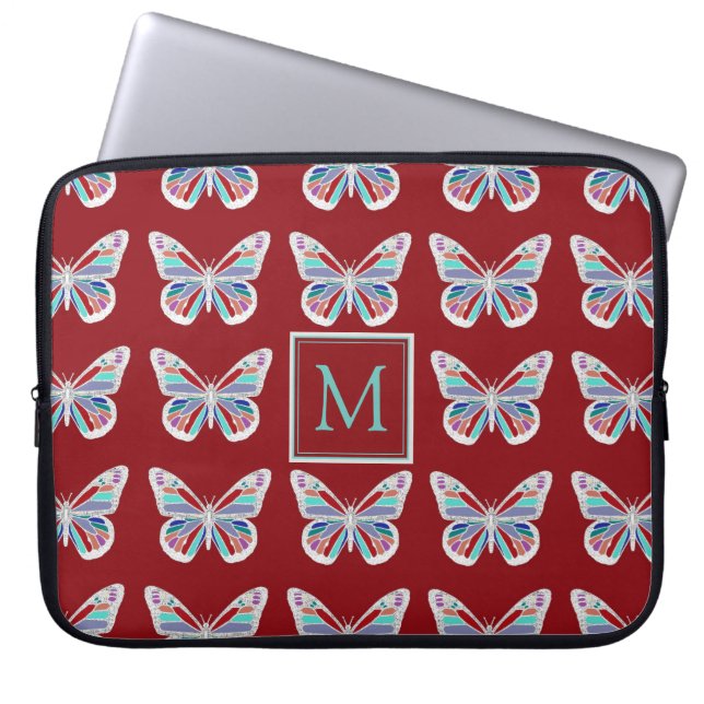 Capa Para Notebook Padrão de Borboleta em Monograma Borgonha (Frente)