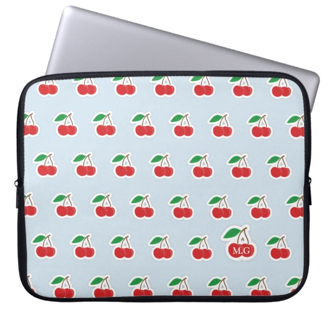 Capa Para Notebook Padrão de cereja giro no monograma azul claro (Frente)