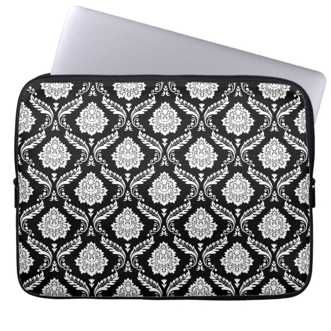 Capa Para Notebook Padrão de Damasco Rococó Branco no Preto (Frente)