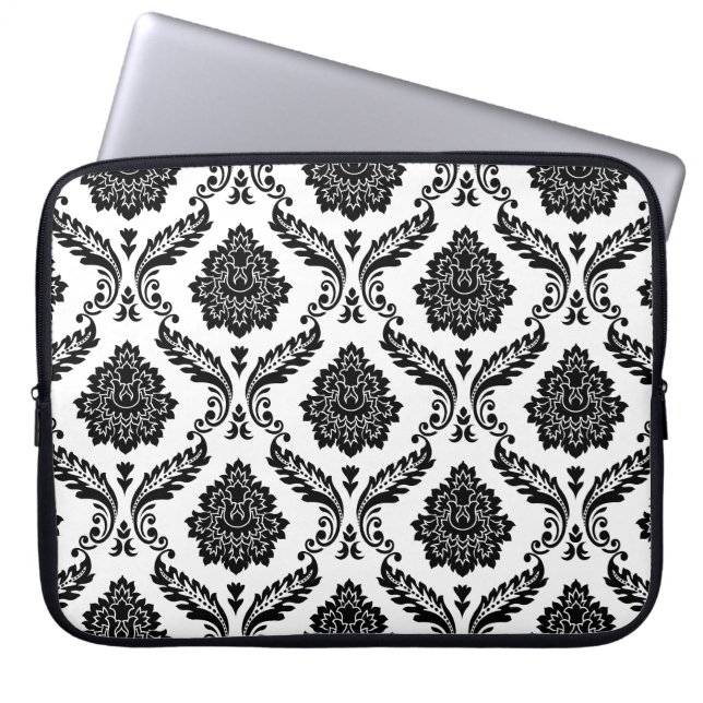Capa Para Notebook Padrão de Damasco Rococó Preto no Branco (Frente)