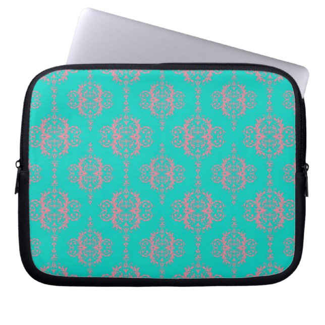 Capa Para Notebook Padrão de damasco turquesa e rosa (Frente)