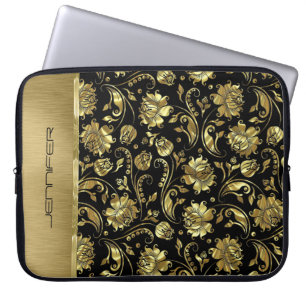 Capa Para Notebook Padrão de Damascos preto e Dourado monograma