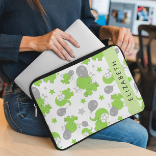 Capa Para Notebook Padrão De Elefantes Verdes, Estrelas, Seu Nome