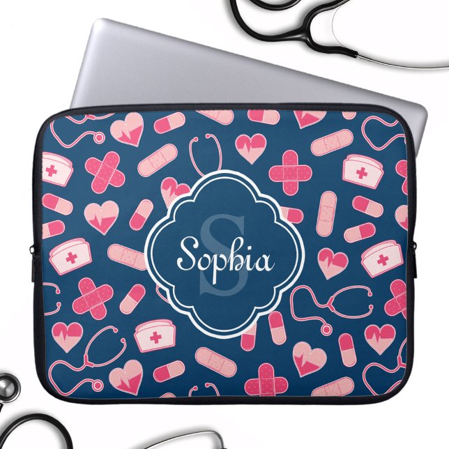 Capa Para Notebook Padrão de Enfermeira Rosa e Azul com Monograma (Criador carregado)