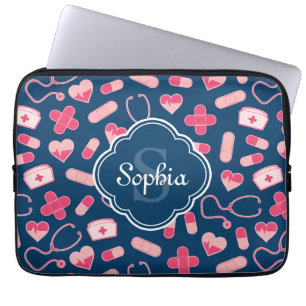 Capa Para Notebook Padrão de Enfermeira Rosa e Azul com Monograma