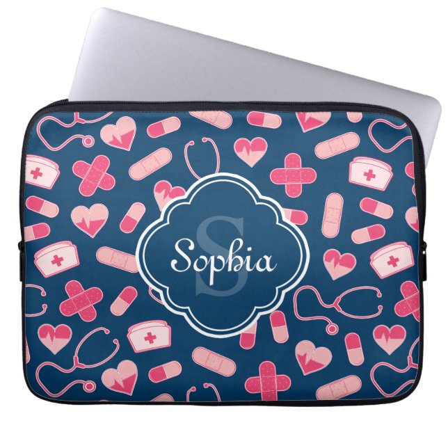 Capa Para Notebook Padrão de Enfermeira Rosa e Azul com Monograma (Frente)