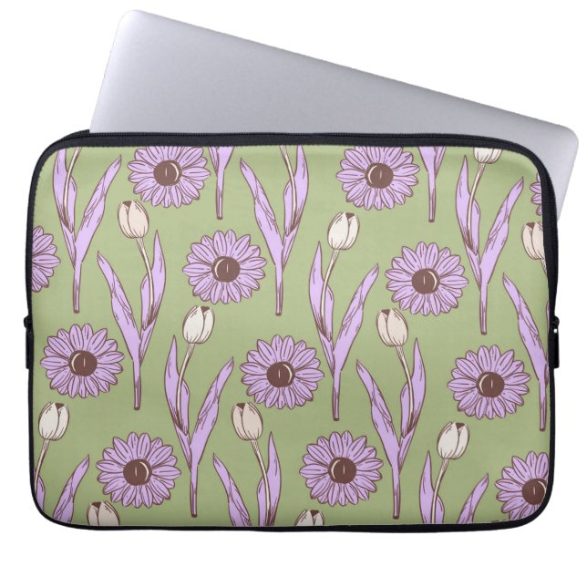 Capa Para Notebook Padrão de Flor de Hippie Funky Y2K Retro Roxo Verd (Frente)
