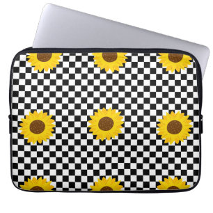 Capa Para Notebook Padrão de Flor Marcado de Girassol Preto e Branco