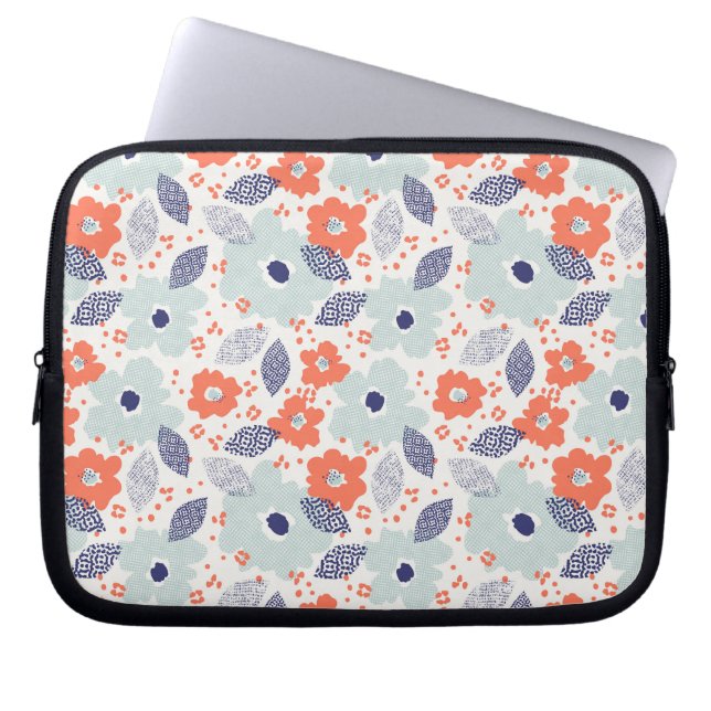 Capa Para Notebook Padrão de Flor Moderno Laranja e Azul (Frente)