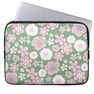 Capa Para Notebook Padrão de Flor Y2K 70s - Cor-de-rosa Verde