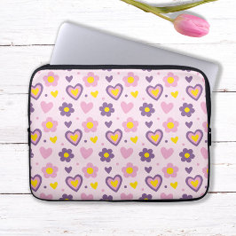 Capa Para Notebook Padrão de Flores Corações Retrô Rosa, Roxo, Amarel