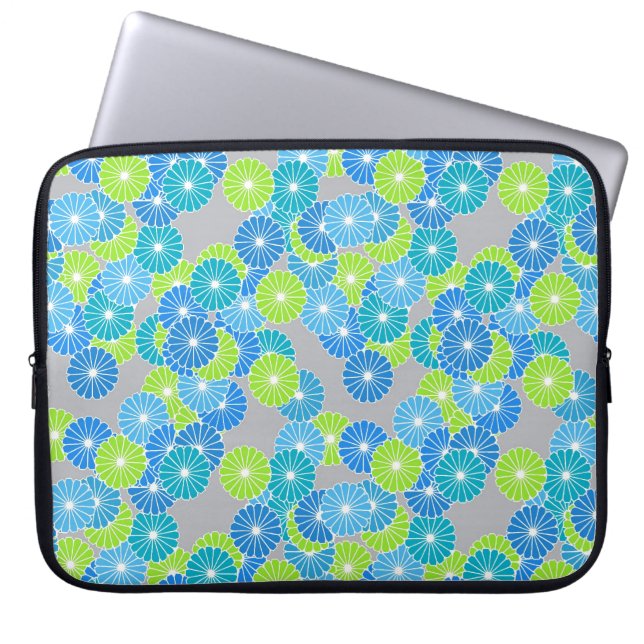 Capa Para Notebook Padrão de flores de Art Deco - azul e verde limão (Frente)