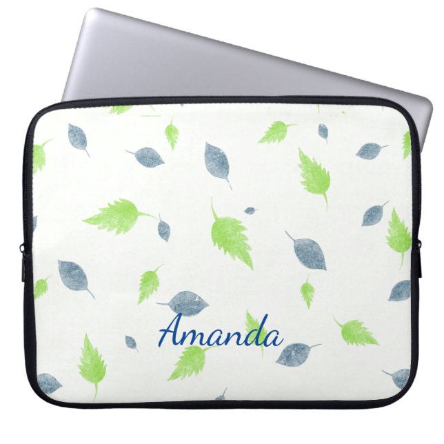 Capa Para Notebook Padrão de Folhas Azul e Verde (Frente)