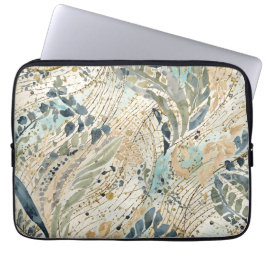 Capa Para Notebook Padrão de Folhas de Luxo com Cor Dourada, Salvia, 