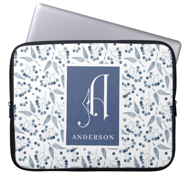 Capa Para Notebook Padrão de Folhas e Mirtilos Monograma, Sobrenome  (Frente)