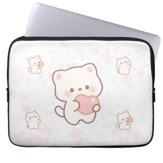 Capa Para Notebook Padrão de Gato Branco Fofo – Corações e Flores Kaw