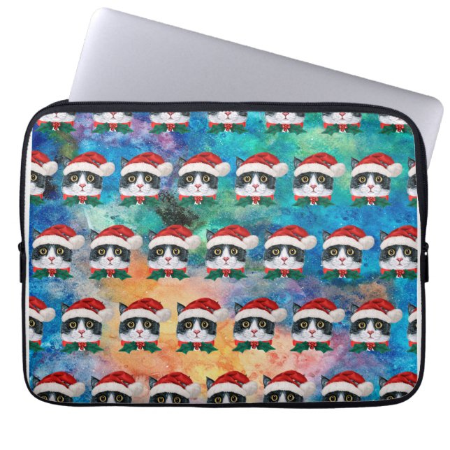 Capa Para Notebook Padrão de Gato de Natal Negro e Branco (Frente)