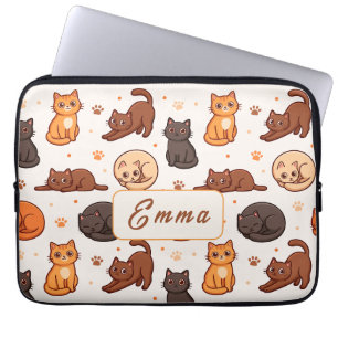 Capa Para Notebook Padrão de Gatos Fofos Nome Monograma Personalizado