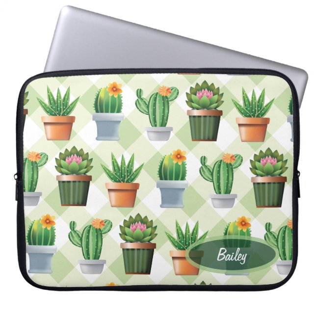 Capa Para Notebook Padrão de Gingham Cactus Verde (Frente)