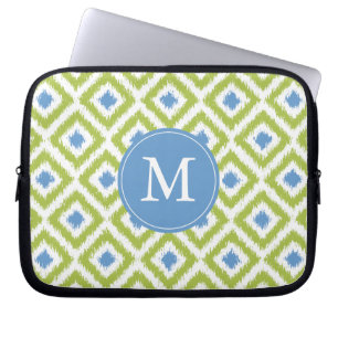 Capa Para Notebook Padrão de Ikat de Diamante Verde Azul Monograma