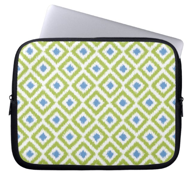 Capa Para Notebook Padrão de Ikat de Diamante Verde e Azul (Frente)