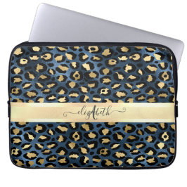 Capa Para Notebook Padrão de Leopardo Monograma Azul Dourado