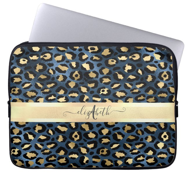 Capa Para Notebook Padrão de Leopardo Monograma Azul Dourado (Frente)