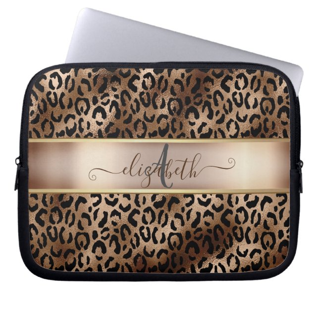 Capa Para Notebook Padrão de Leopardo Preto Bronze Monograma (Frente)