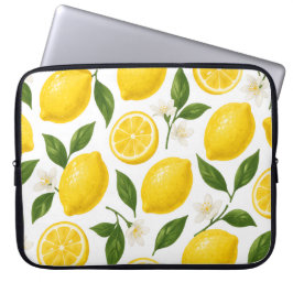 Capa Para Notebook Padrão de Limão Fresco com Folhas e Flores