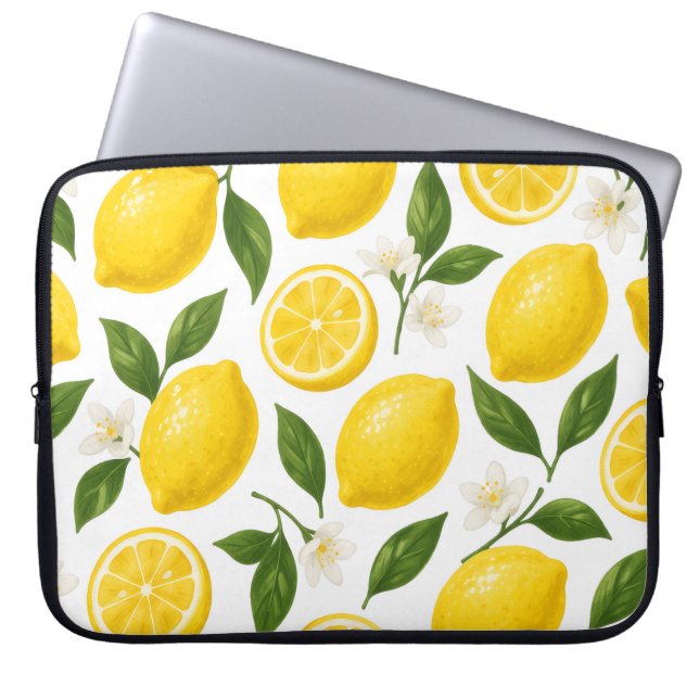 Capa Para Notebook Padrão de Limão Fresco com Folhas e Flores (Frente)