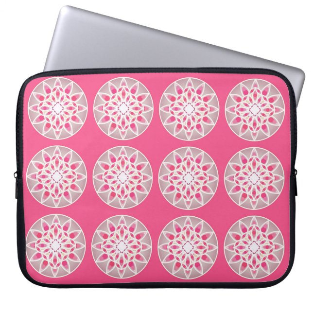 Capa Para Notebook Padrão de mandala em rosa vibrante, branco e cinza (Frente)
