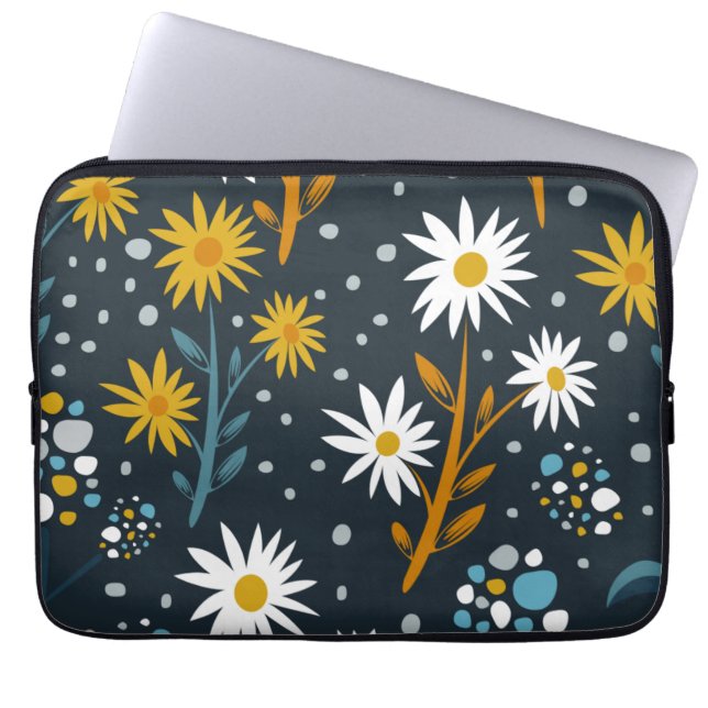 Capa Para Notebook Padrão de Margaridas Modernas em Azul Escuro (Frente)