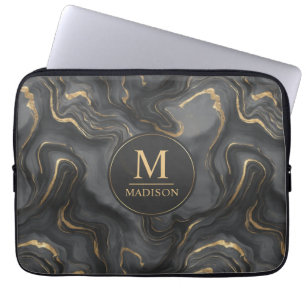 Capa Para Notebook Padrão de Mármore com Brilho Preto e Dourado Cinza